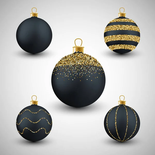 Kerstmis Decoratief Zwart Goud Glitter Ballen Set Vector Illustratie — Stockvector