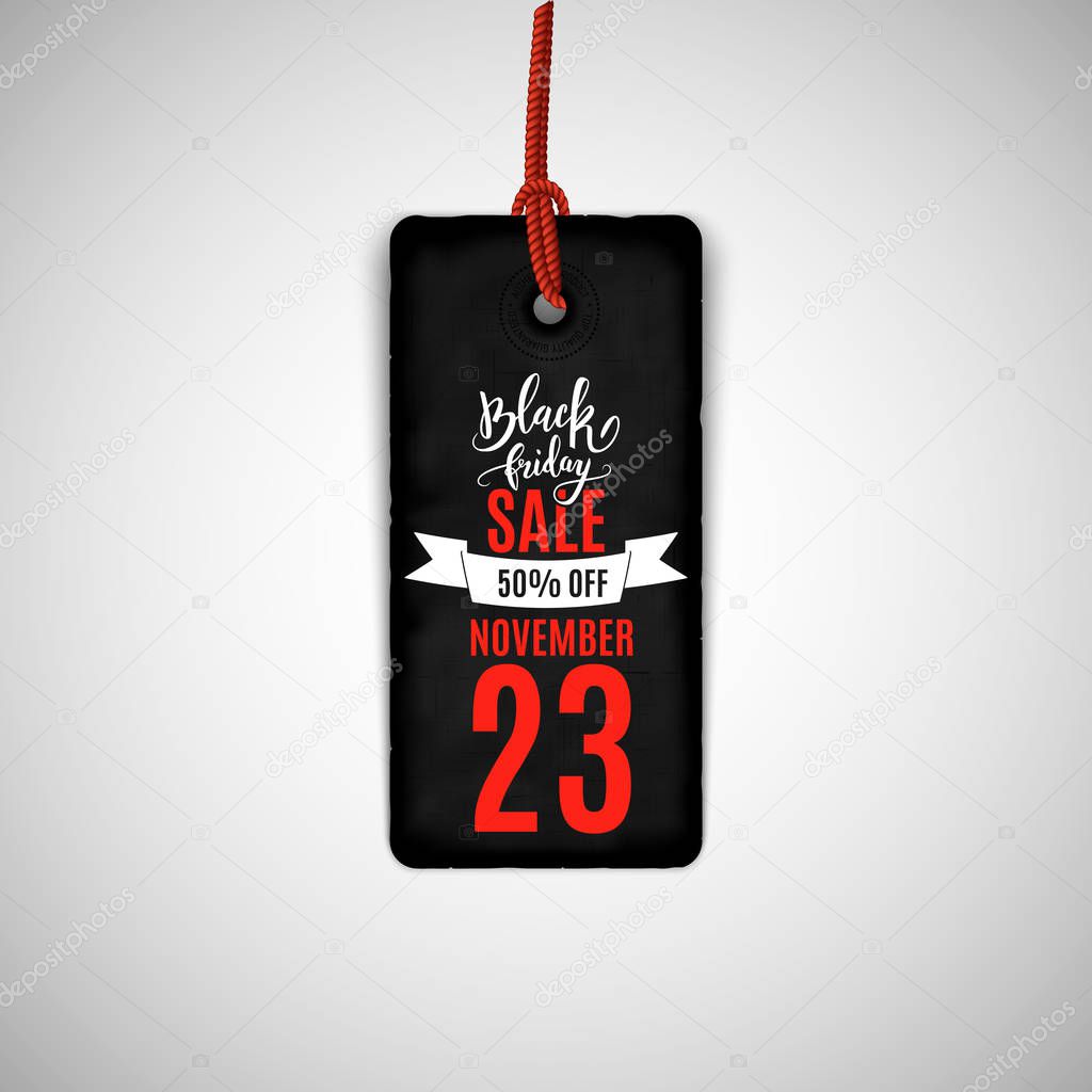 Black friday advertisement banner, realistic tag, vector illustration