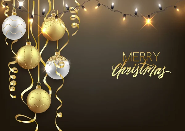 装飾的なボールと紙吹雪 ベクトル図が付いている光沢のあるライトでクリスマスとお正月の背景デザイン — ストックベクタ
