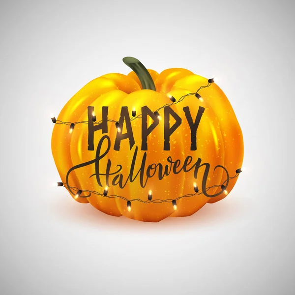 Feliz Diseño Postal Halloween Con Calabaza Realista Luces Decorativas Ilustración — Vector de stock