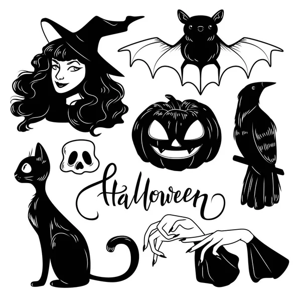 Set Elementos Dibujados Mano Lindo Halloween Ilustración Vectorial — Vector de stock