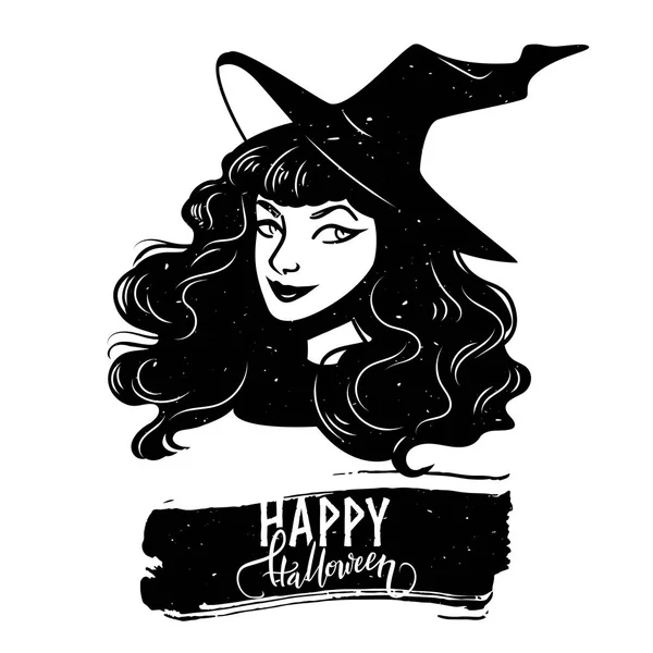 Halloween Cartão Postal Com Mulher Bruxa Caligrafia Texto Ilustração Vetorial — Vetor de Stock