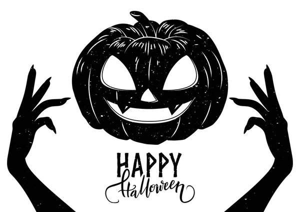 Tarjeta Postal Halloween Con Manos Espeluznantes Calabaza Miedo Con Texto — Vector de stock