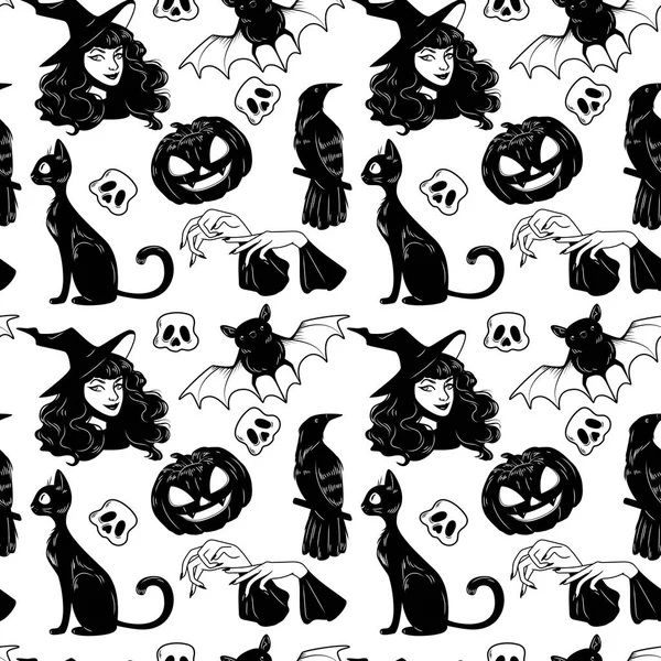 Naadloze Patroon Vector Met Halloween Leuk Hand Getrokken Elementen Instellen — Stockvector