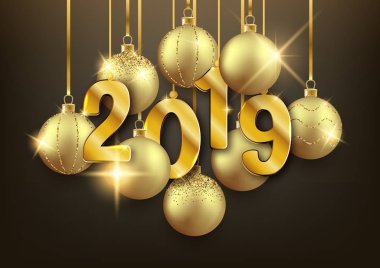 2019 yılbaşı tebrik kartpostalı dekoratif topları ile