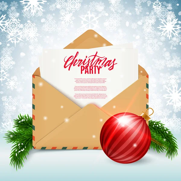 Joyeux Noël Fête Invitation Flyer Enveloppe Réaliste Branches Sapin Boule — Image vectorielle