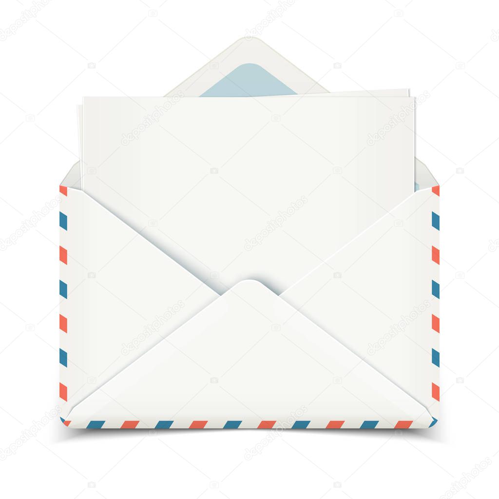 White realistic open envelope with blank paper for message template