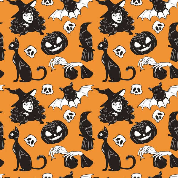 Vector Patrón Sin Costura Con Halloween Lindo Mano Dibujado Elementos — Vector de stock