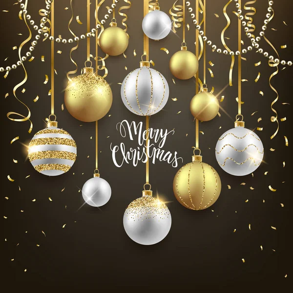 Merry Christmas Feestelijke Donkere Achtergrondontwerp Decoratieve Goud Zilver Ballen Met — Stockvector