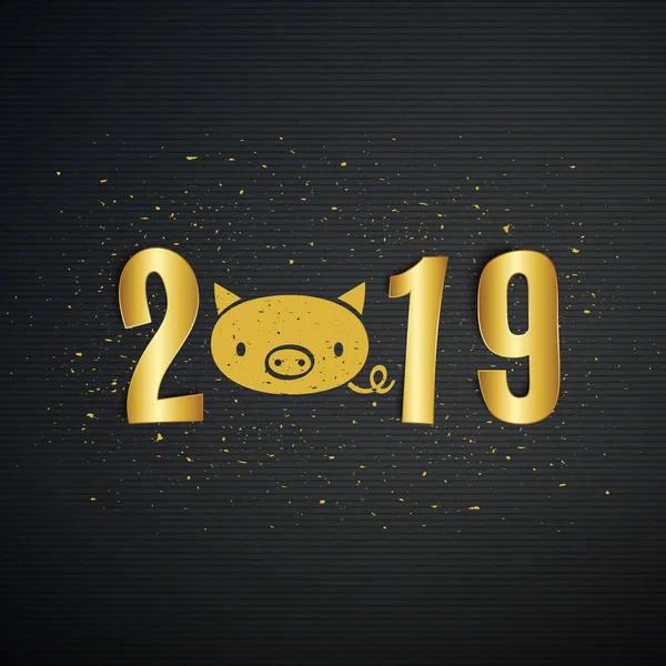 Новый Год Пиг 2019 Симпатичная Открытка Золотые Цифры — стоковый вектор
