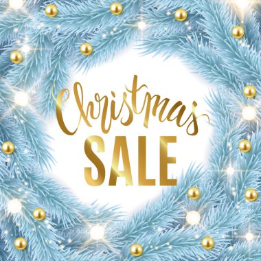 Noel satış reklam banner tasarım köknar ağacı dalları çelenk, topları ile.