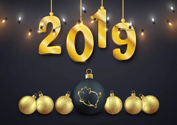 Щасливий 2019 Рік Свині Декоративні Золоті Кульки Цифри Світиться Листівка — стоковий вектор