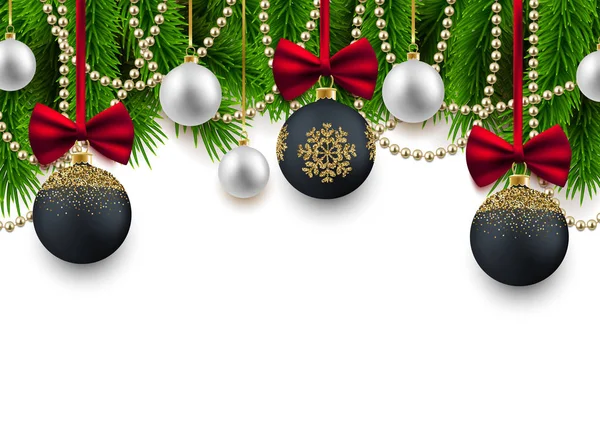新年のお祭りの背景 モミの枝 装飾的なボール ビーズ — ストックベクタ