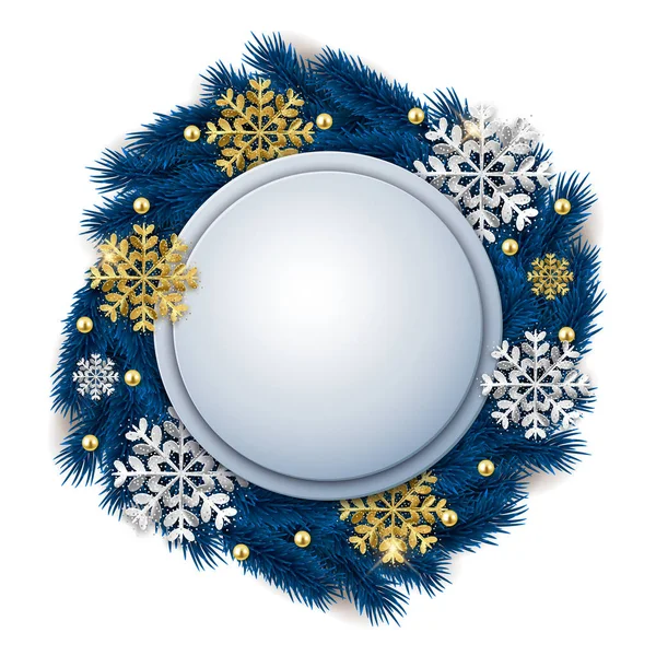 空白圆的圣诞节华丽的横幅与雪花 闪闪发光的金子和银色雪花 — 图库矢量图片