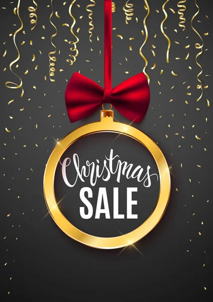 Christmas Sale Festive Advertisement Banner Gold Ball Bow — Stock Vector