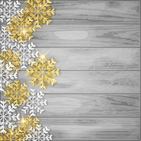 Merry Christmas Decoratieve Achtergrond Glitter Sneeuwvlokken Houten Achtergrond Met Kopie — Stockvector