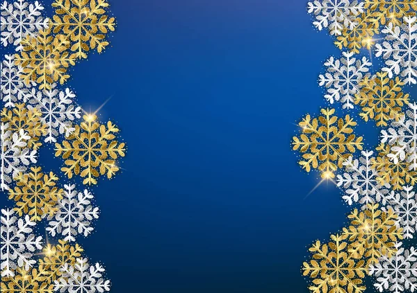 Feliz Natal Fundo Decorativo Flocos Neve Brilho Fundo Azul Com — Vetor de Stock