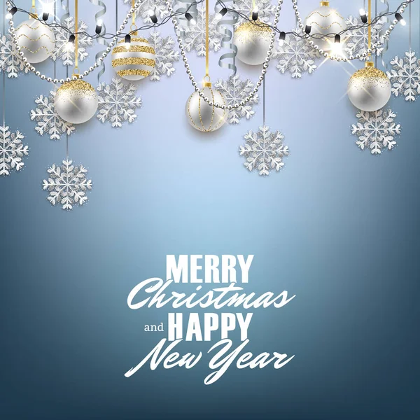 Merry Christmas Happy New Year Decorative Postcard Shiny Balls Glitter — Stockvector