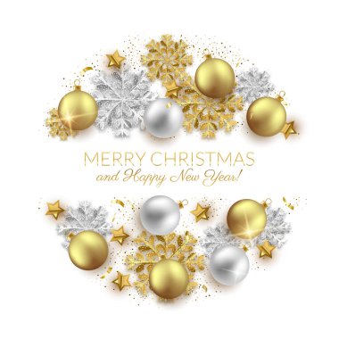 Neşeli Noel ve mutlu yeni yıl festival kar taneleri, topları yapılan tasarım kartı.