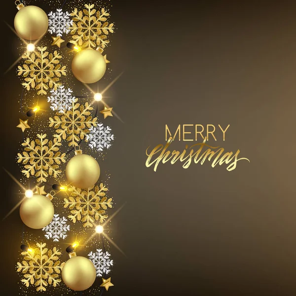 Vrolijk Kerstfeest Gelukkig Nieuwjaar Decoratieve Briefkaart Glimmende Ballen Glitter Sneeuwvlokken — Stockvector