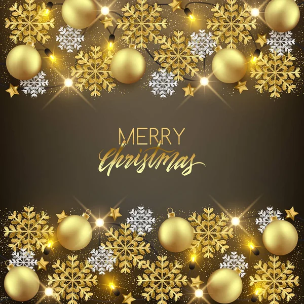 Vrolijk Kerstfeest Gelukkig Nieuwjaar Decoratieve Briefkaart Glimmende Ballen Glitter Sneeuwvlokken — Stockvector