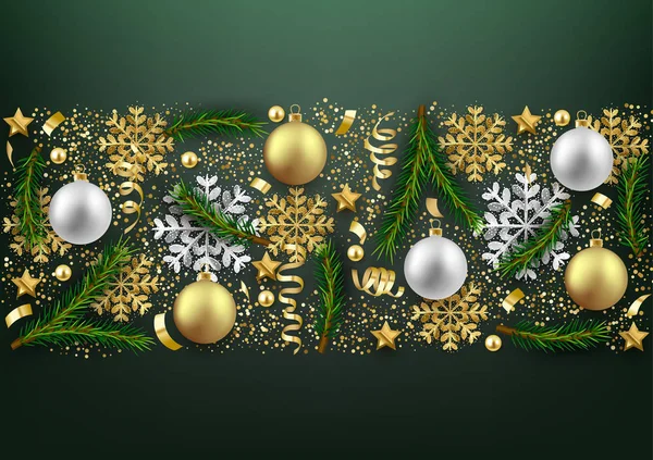 Vrolijke Kerstmis Gelukkig Nieuwjaar Decoratieve Briefkaart Ballen Sneeuwvlokken Spar Takken — Stockvector