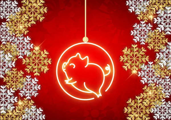 幸せな新しい 2019 年の豚 ネオン動物とキラキラ雪の結晶 — ストックベクタ