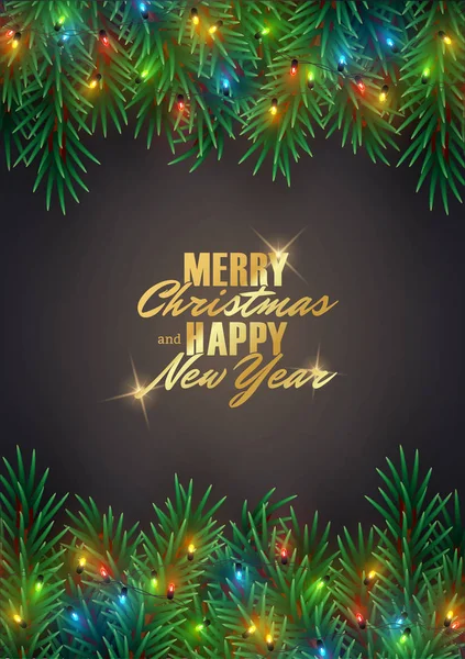 メリー クリスマスと新年あけましておめでとうございますモミで装飾的な背景の木の枝と Led ライト ガーランド — ストックベクタ
