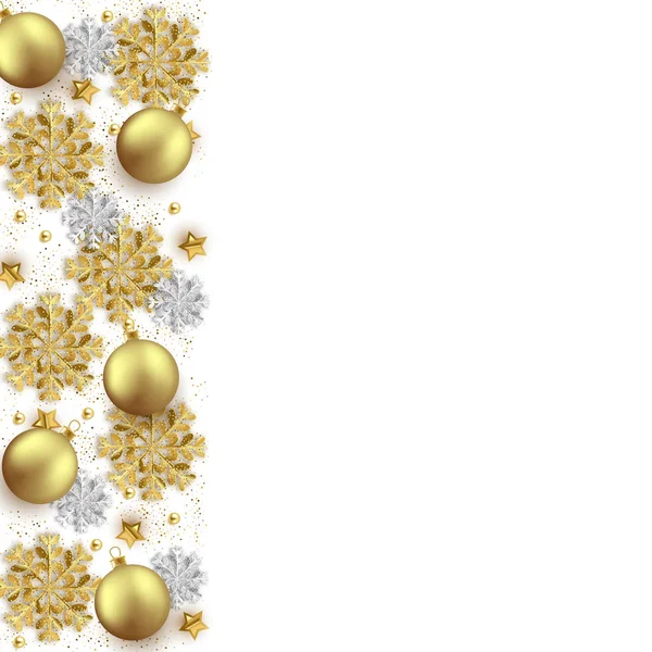 Vrolijke Kerstmis Nieuwjaar Achtergrondontwerp Decoratieve Ballen Glitter Sneeuwvlokken Frame Met — Stockvector