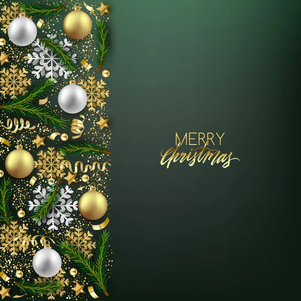 Frohe Weihnachten Dekorative Postkarte Christbaumkugeln Schneeflocken Und Tannenzweige — Stockvektor