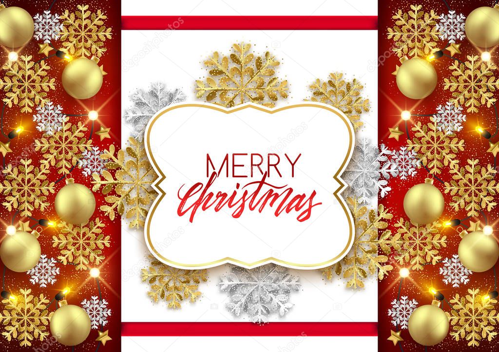 Merry Christmas and New Year background design, decorative baubles and glitter snowflakes frame, vector illustration.