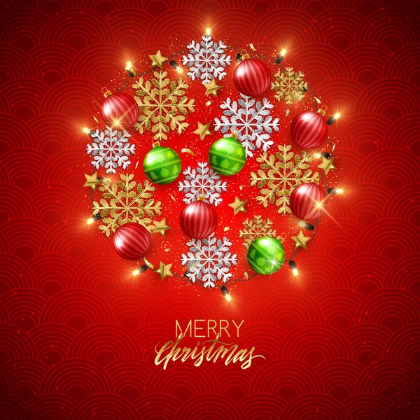 メリー クリスマスと幸せな新年の装飾的なはがきがあり つまらないと赤の背景に雪の結晶 — ストックベクタ