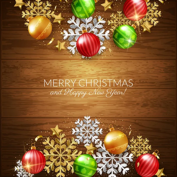 Vrolijk Kerstfeest Gelukkig Nieuwjaar Decoratieve Briefkaart Kerstballen Sneeuwvlokken Houten Achtergrond — Stockvector