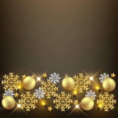 Neşeli Noel yeni yıl arka plan tasarımı, dekoratif baubles ve glitter kar taneleri çerçeve, vektör çizim