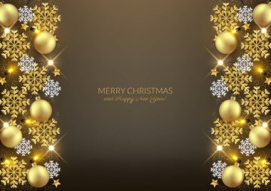 Neşeli Noel mutlu yeni yıl dekoratif kartpostal, parlak baubles glitter kar taneleri arka plan, vektör çizim