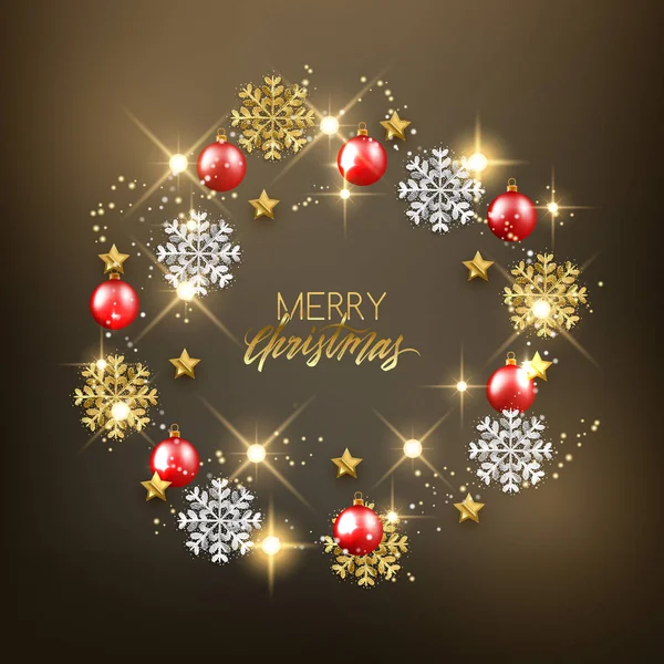Glitter Gold Silver Snowflakes Decorative Baubles Frame Merry Christmas Happy — Stock Vector