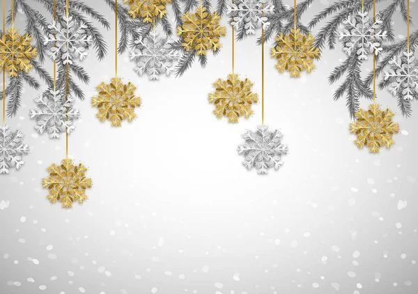 Třpytky Zlaté Stříbrné Vločky Větve Stromů Jedle Veselé Vánoce Šťastný — Stockový vektor