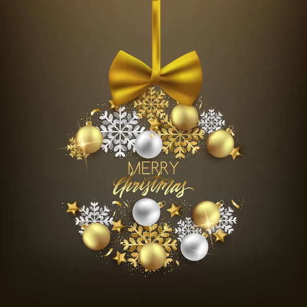 メリー クリスマス装飾安ピカ スノーフレーク弓 はがき 招待状 ベクトル イラスト — ストックベクタ