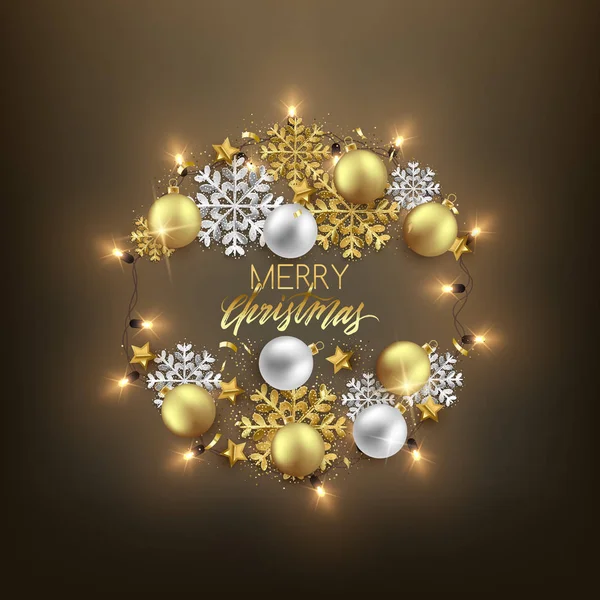 Merry Christmas Decoratieve Briefkaart Kerstballen Sneeuwvlokken Glitter Elementen Glanzende Garland — Stockvector