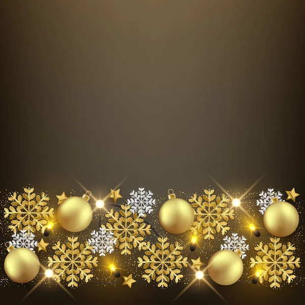 Vrolijk Kerstmis Nieuwjaar Achtergrondontwerp Decoratieve Kerstballen Glitter Sneeuwvlokken Frame Vectorillustratie — Stockvector