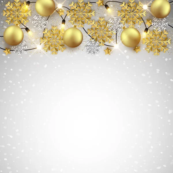 Frohe Weihnachten Neujahr Hintergrunddesign Dekorative Kugeln Und Glitzernde Schneeflocken Rahmen — Stockvektor