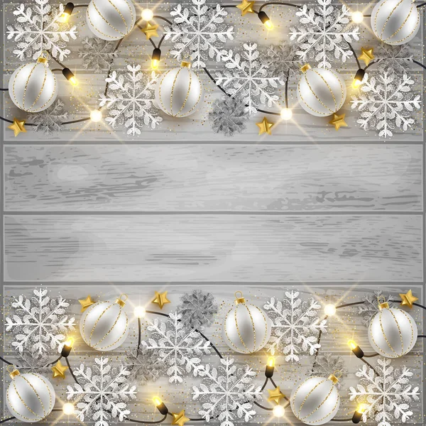 Feliz Natal Ano Novo Design Fundo Bugigangas Decorativas Brilho Flocos — Vetor de Stock