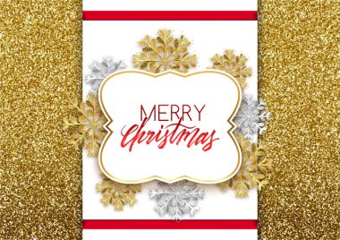 Merry Christmas dekoratif çerçeve glitter kar taneleri Kartpostalı, vektör çizim