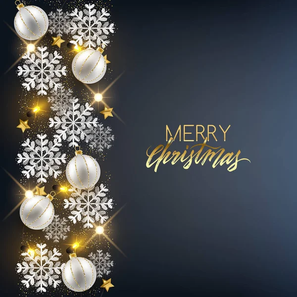 Vrolijk Kerstmis Gelukkig Nieuwjaar Decoratieve Briefkaart Glanzende Kerstballen Glitter Sneeuwvlokken — Stockvector