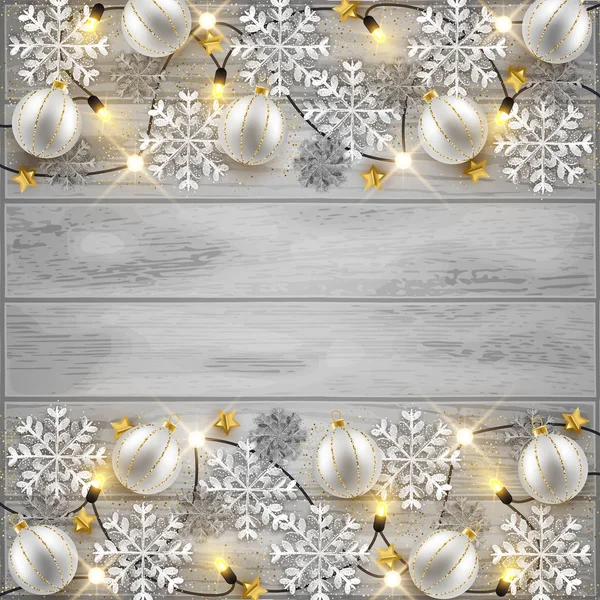Vrolijk Kerstmis Nieuwjaar Achtergrondontwerp Decoratieve Kerstballen Glitter Sneeuwvlokken Frame Vectorillustratie — Stockvector