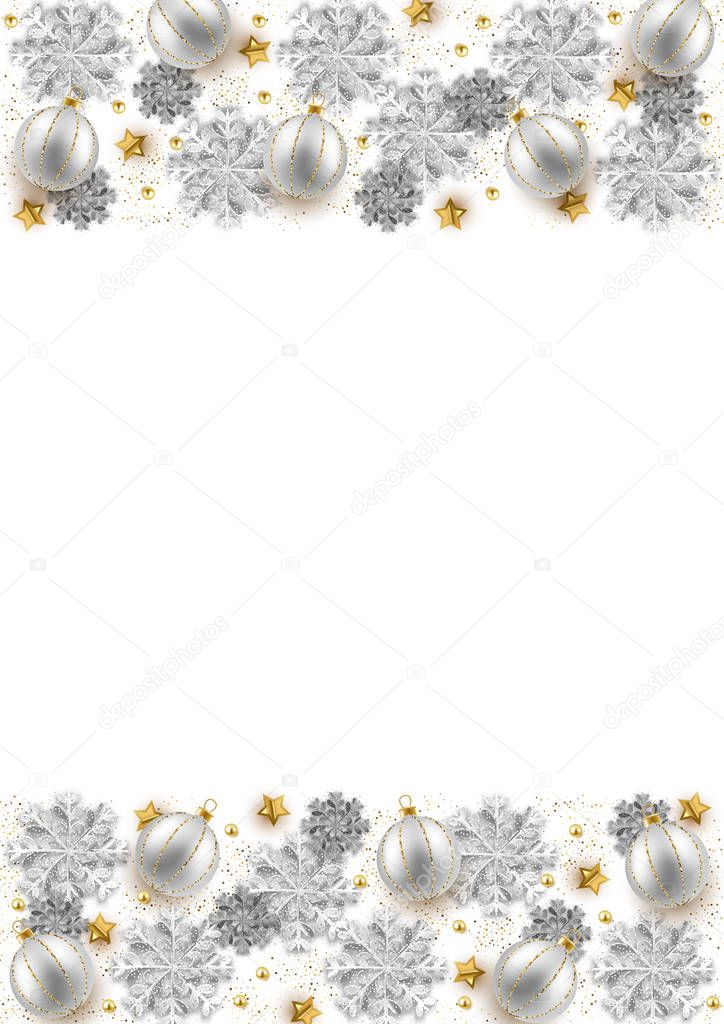 Merry Christmas New Year background design, decorative baubles and glitter snowflakes frame, vector illustration