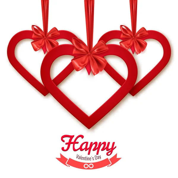 Happy Valentine Day Decoraive Postcard Banner Red Hearts Decorative Ribbon — Stock Vector