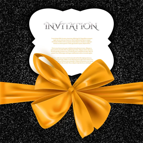 Invitation Card Black Glitter Realistic Gold Bow Vector Illustration — Stock Vector