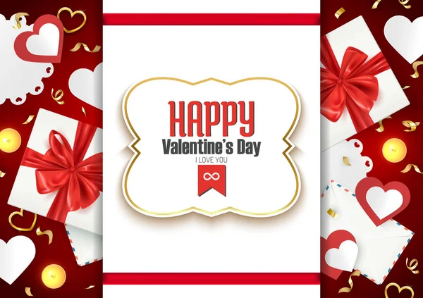 Glücklicher Valentinstag Komposition Mit Geschenkbox Und Romantischen Elementen Postkarte Banner — Stockvektor