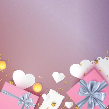 Tatil hediye kutuları ve dekoratif öğeler arka plan şablonu, Sevgililer günü, Doğum günü, Noel Afiş kartı, vektör çizim